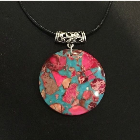 Blue Turquoise Agate Pyrite Pendant on Waxed Necklace w/ Lobster Claw Clasp - Picture 4 of 4